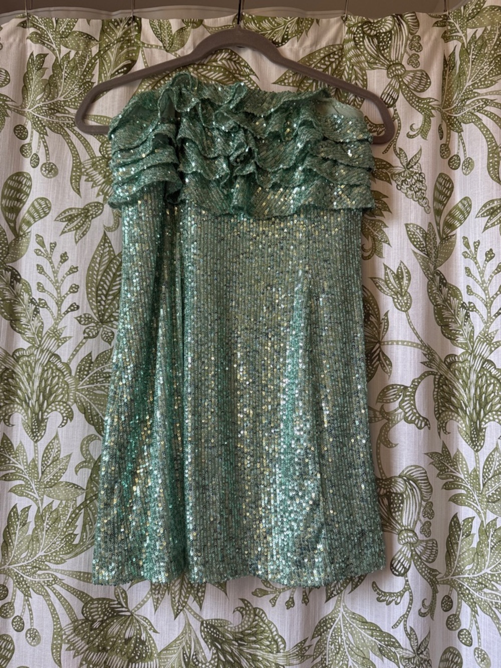 Free People Sparkling Mint Sequin Strapless Mini Dress with Ruffle Top